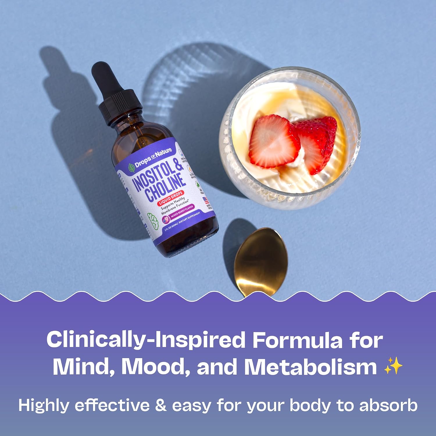 Gotas Líquidas de Inositol y Colina – Vegano, No GMO, Fácil de Tomar – Suplemento de Inositol de Absorción Mejorada – Vitaminas Prenatales para Mujeres – Apoya la Salud Celular y el Bienestar General (Frutos Rojos, 60ml)