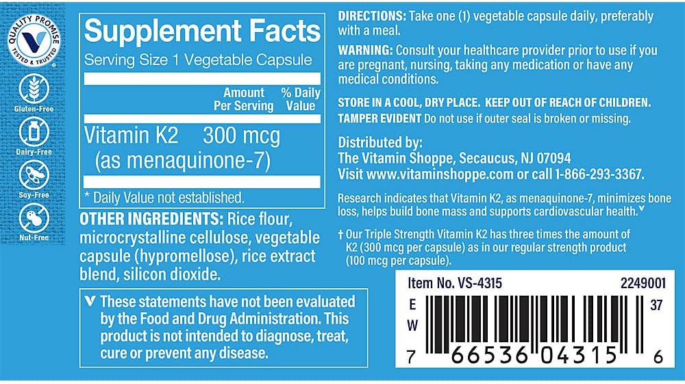 The Vitamin Shoppe Vitamina K2 MK-7 300mcg Triple Strength – Salud Ósea y Cardíaca | Menaquinona-7 | 120 Cápsulas Vegetales