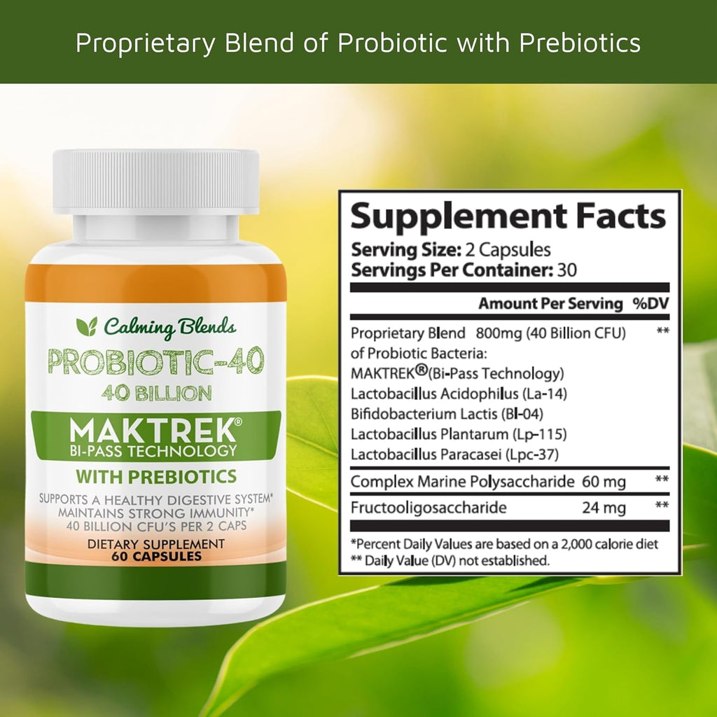 CALMING BLENDS Probiótico, 40 Mil Millones UFC, Sistema de Liberación Bi-Pass, Estable en Estante, 60 Cápsulas Vegetales