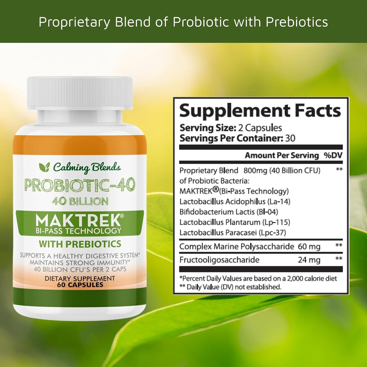 CALMING BLENDS Probiótico, 40 Mil Millones UFC, Sistema de Liberación Bi-Pass, Estable en Estante, 60 Cápsulas Vegetales – Image 3