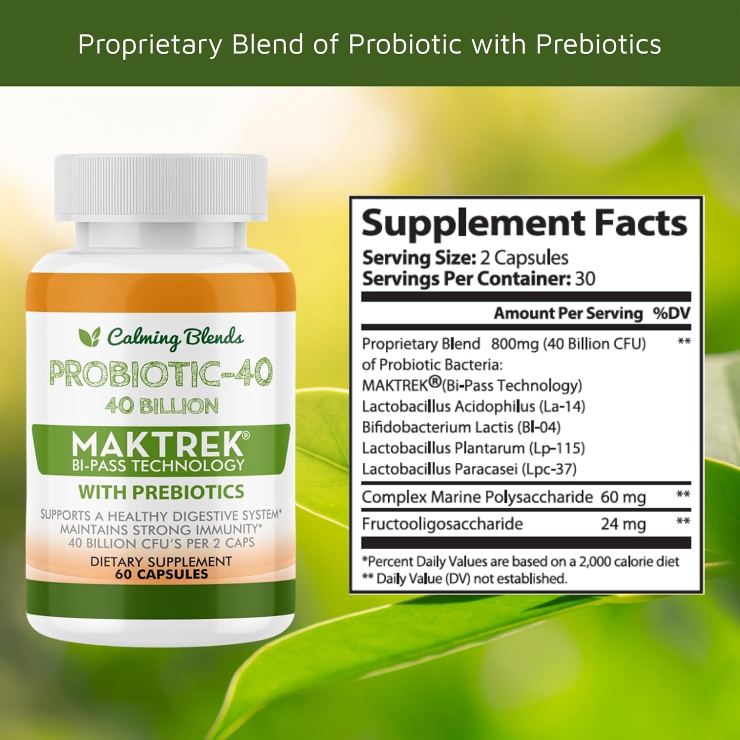 CALMING BLENDS Probiótico, 40 Mil Millones UFC, Sistema de Liberación Bi-Pass, Estable en Estante, 60 Cápsulas Vegetales