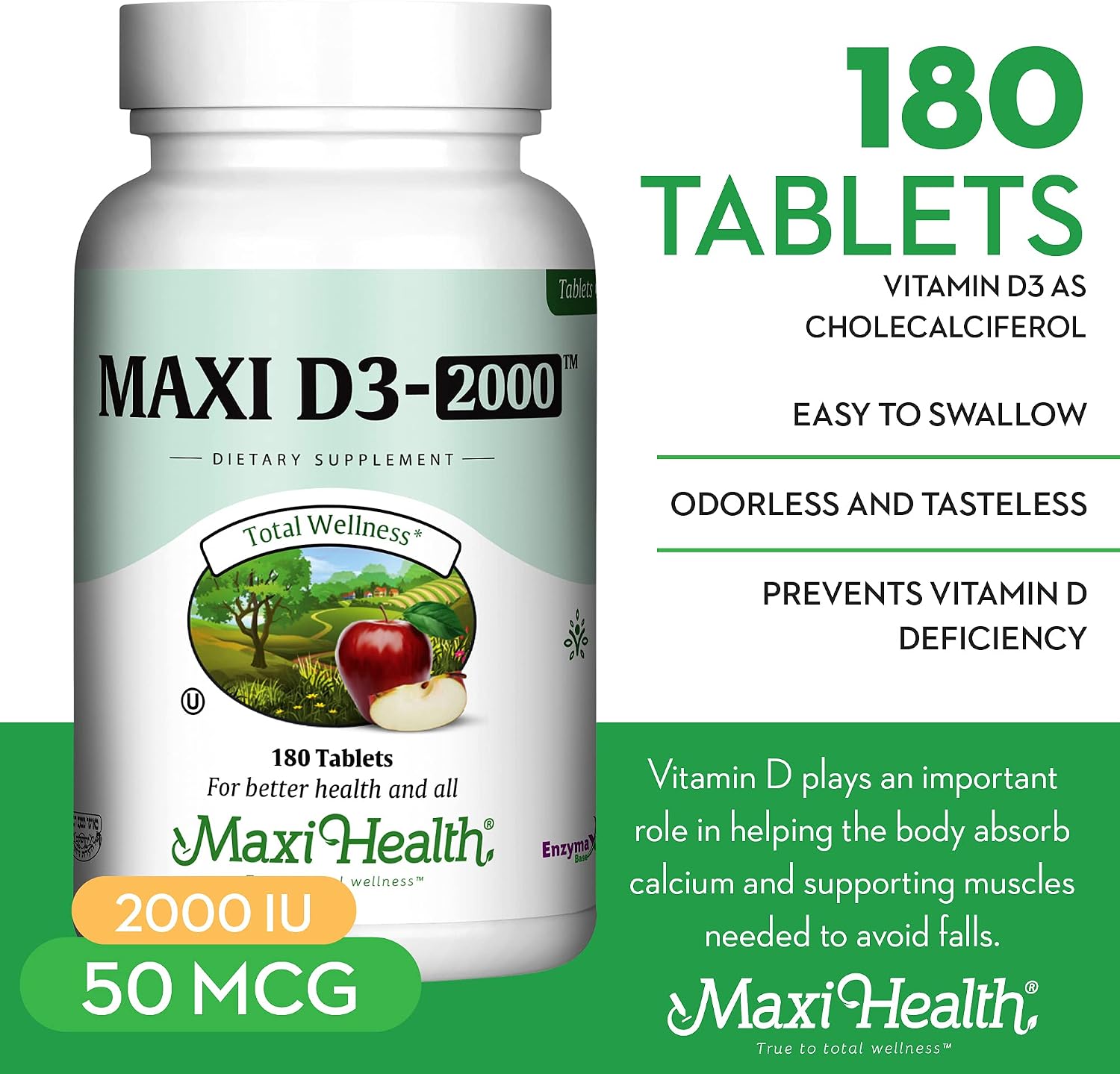 Maxi Health Vitamina D3 2000 UI - 180 Comprimidos Kosher