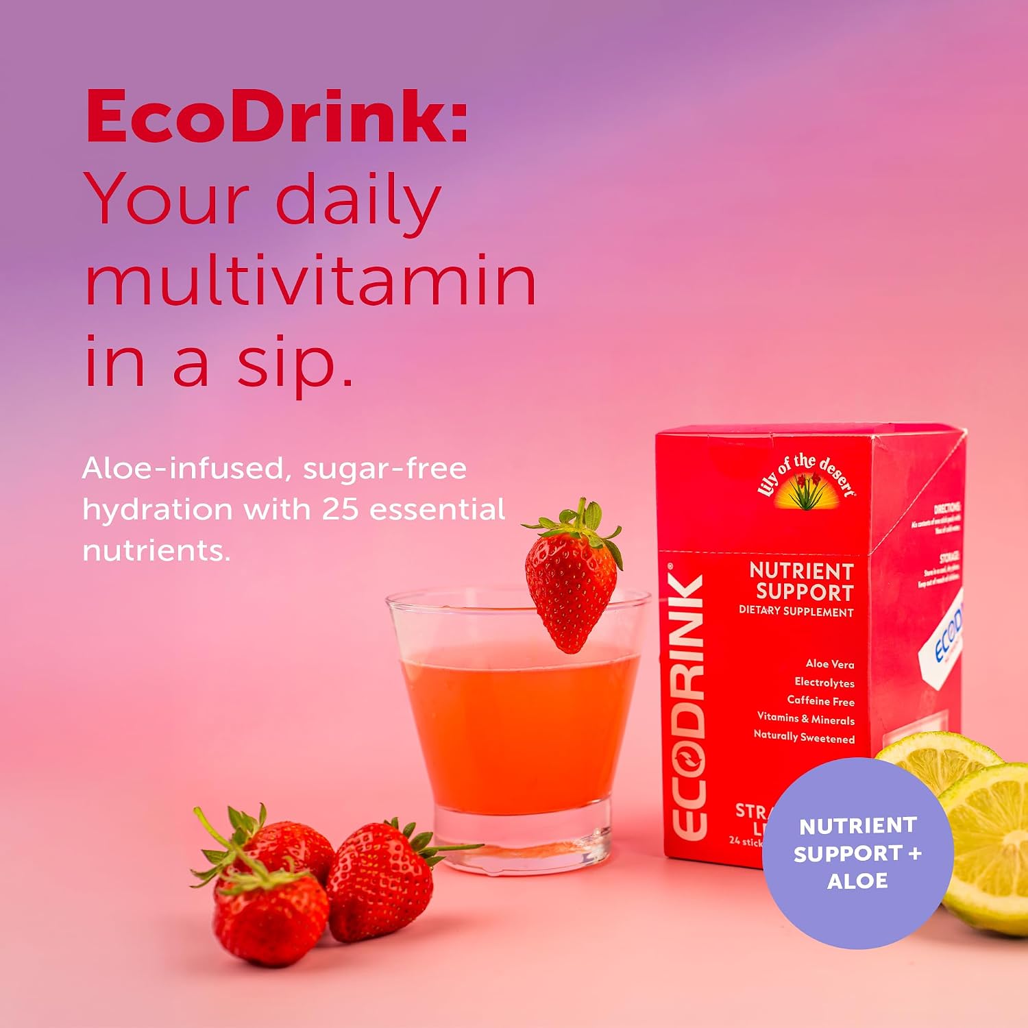 EcoDrink de Lily of the Desert - Paquetes de Hidratación con Multivitaminas y Electrolitos, Sabor Fresa Limonada, 24 Sobres