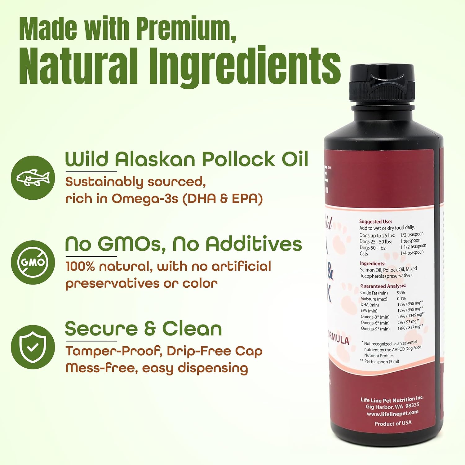 Aceite de Salmón y Abadejo de Alaska Salvaje - Suplemento de Omega 3 para Perros y Gatos, 768 ml