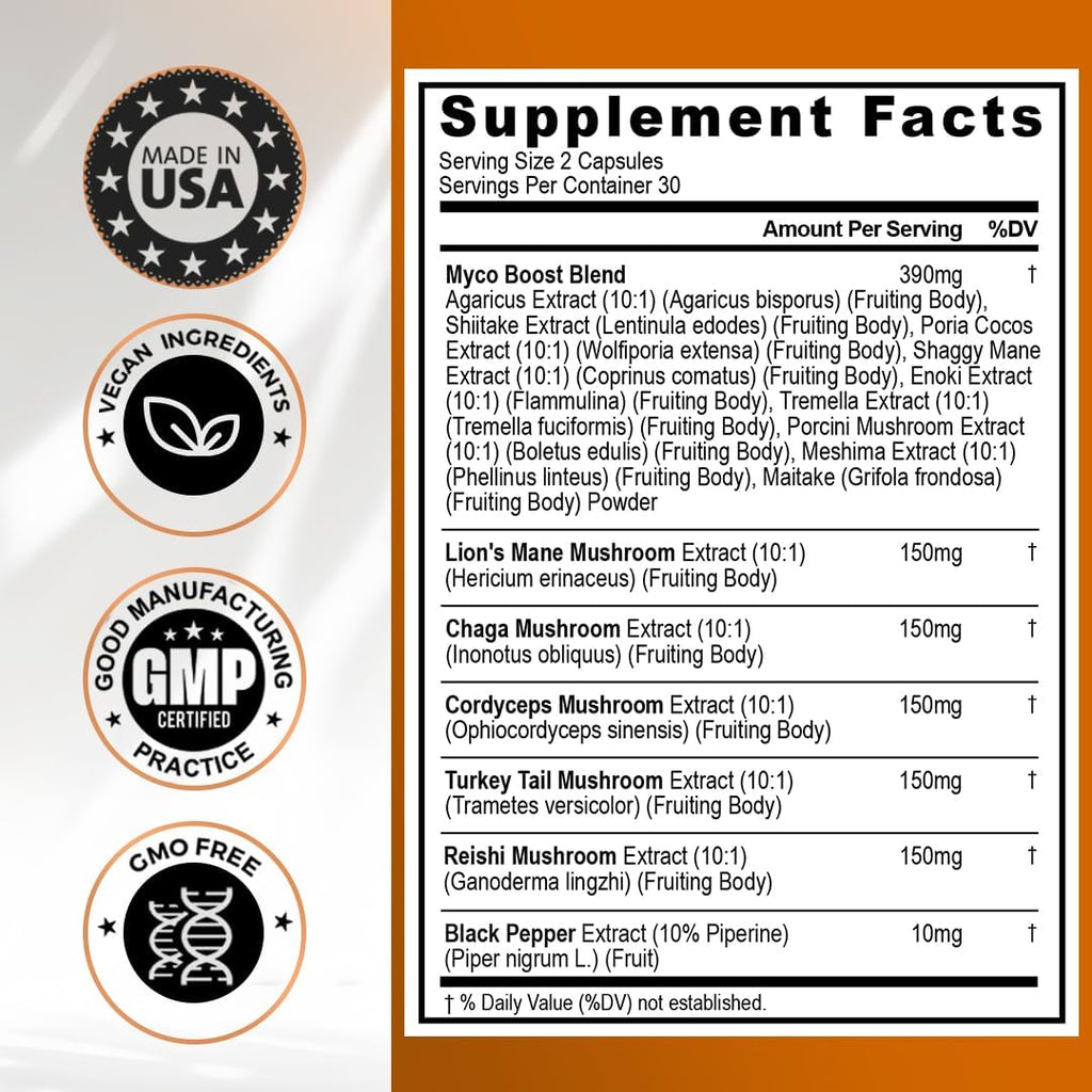 Vitamax MycoBoost Mezcla de Hongos: Melena de León, Cola de Pavo, Chaga, Reishi, Cordyceps, Shiitake y más