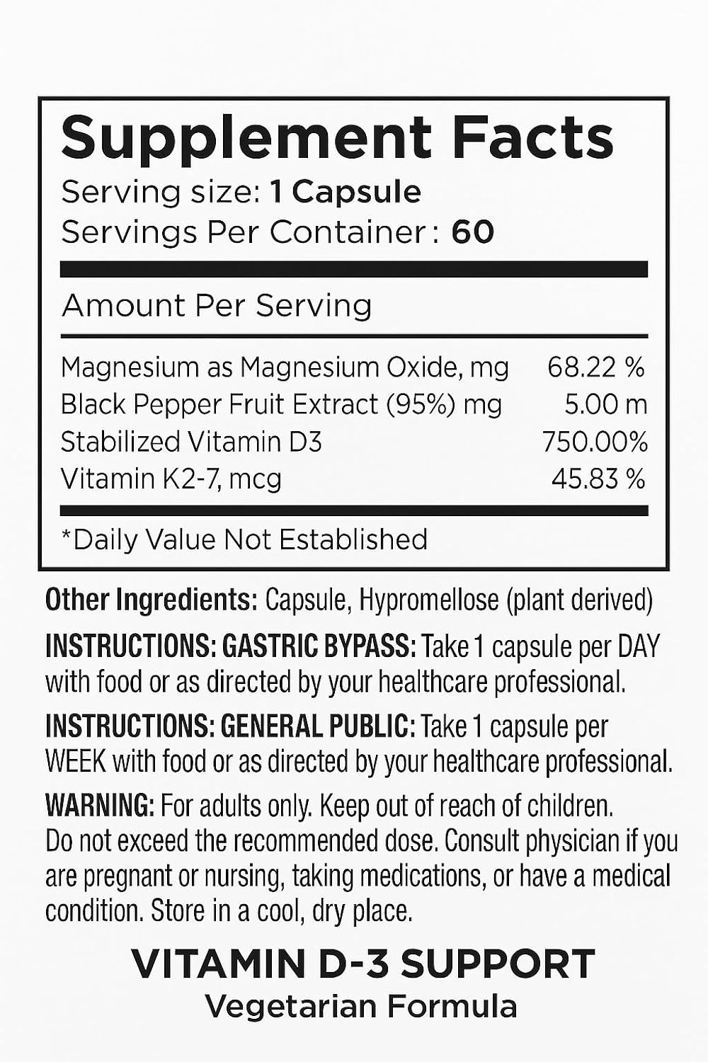 Vita4Life! Vitamin D3 with K2 and Magnesium | High Absorption | 60 Capsules