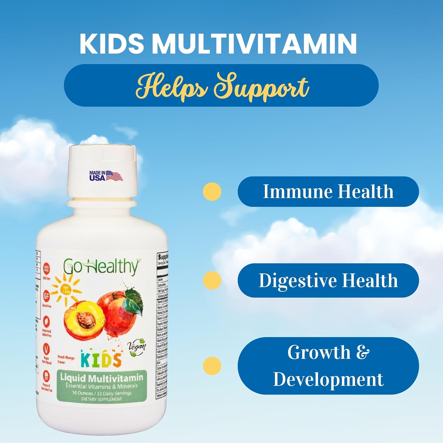 Go Healthy Kids Multivitamínico Líquido | Sabor Melocotón Mango | 30-60 Dosis
