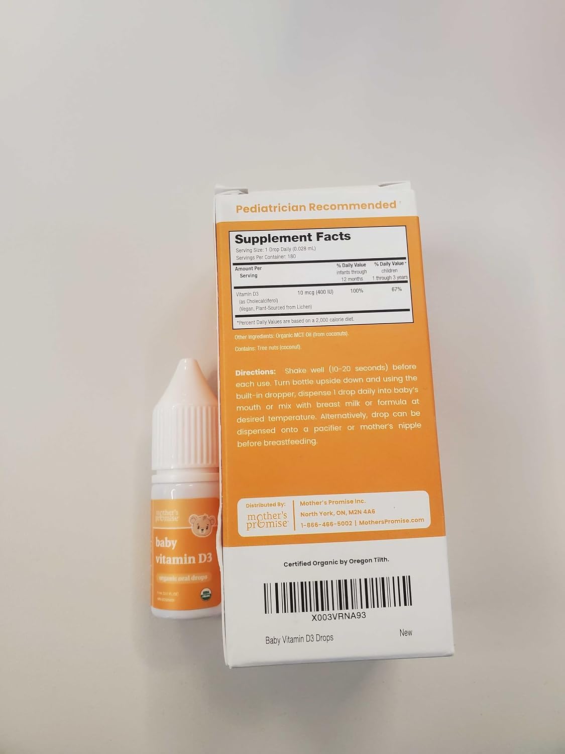 Mother's Promise Gotas Orgánicas de Vitamina D3 para Bebés - 100% Vegetal, 400 UI, 180 Dosis