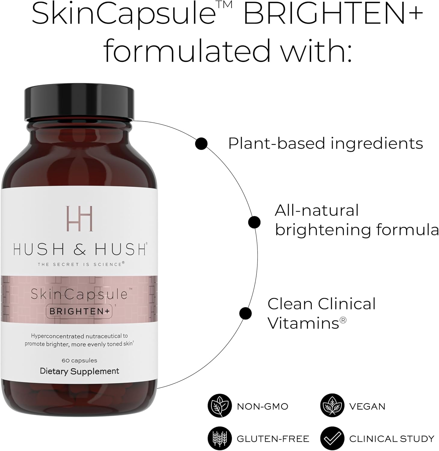 Hush & Hush Brighten+ Suplemento de Vitamina C para Piel Radiante, 60 Cápsulas