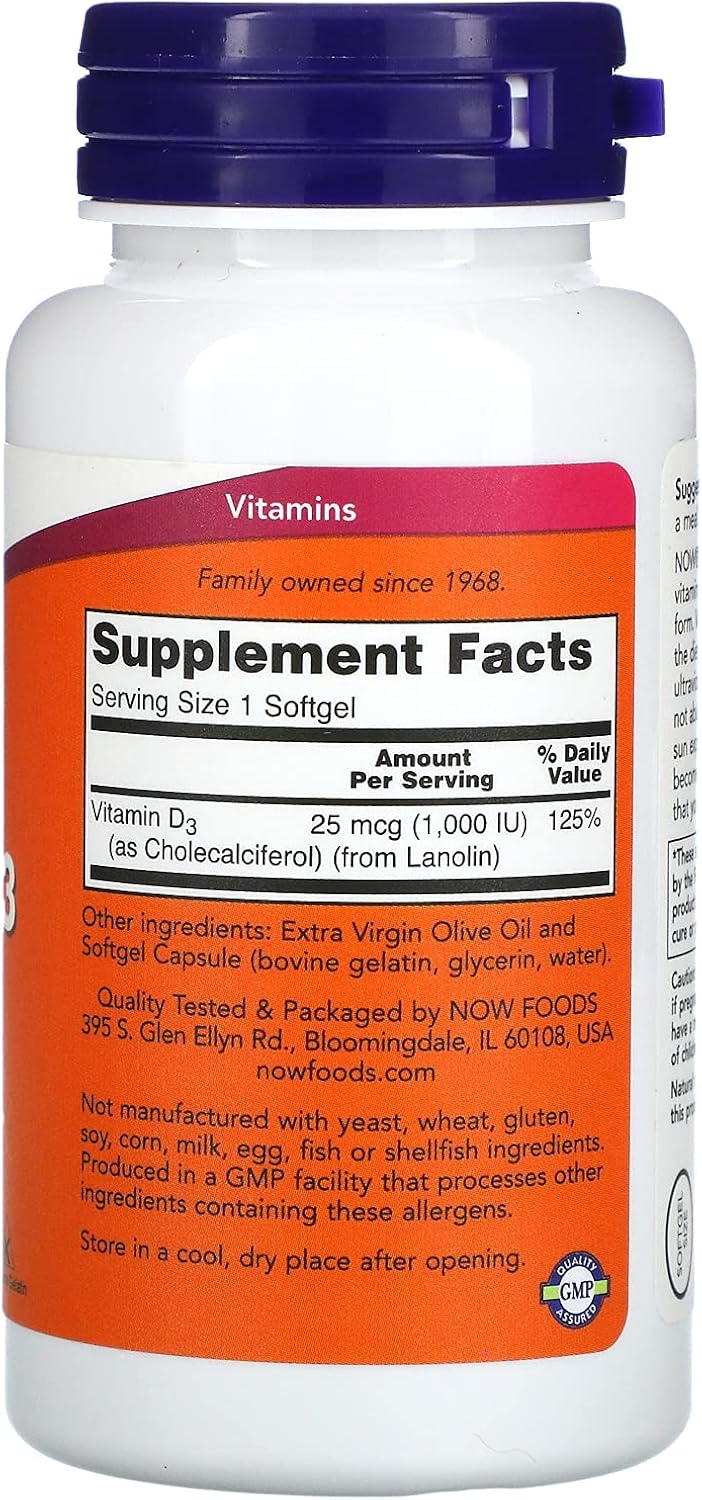 NOW Foods - Vitamina D3 1000 UI (180 cápsulas blandas) Pack de 2