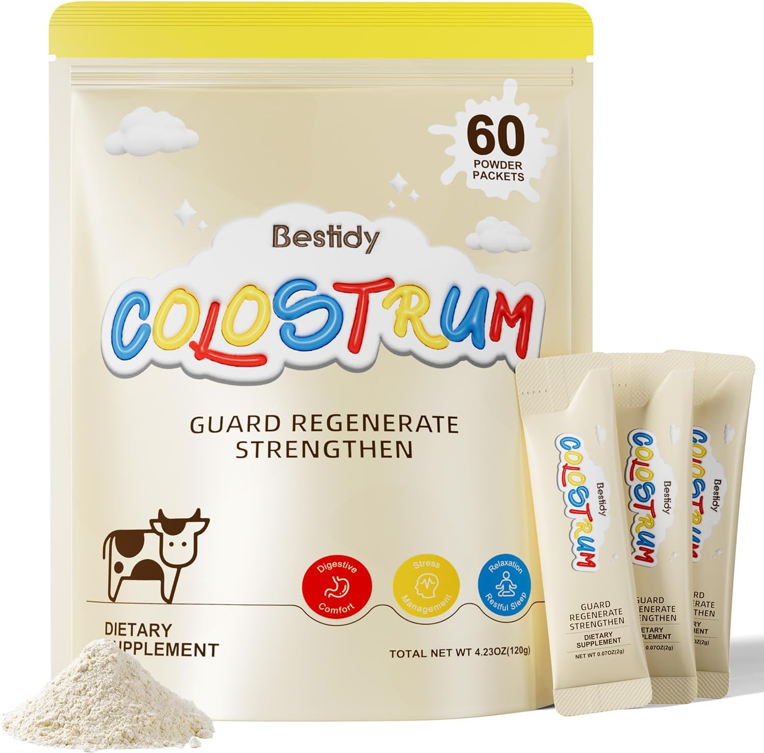 Bestidy Calostro Bovino en Polvo - Suplemento Natural para la Salud Intestinal, Cabello y Piel - 60 Sobres Individuales