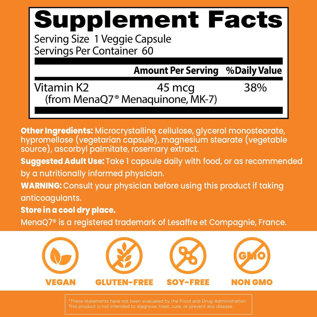 Doctor's Best Natural Vitamin K2 MK7 con MenaQ7, 45 mcg, 60 Cápsulas Veganas