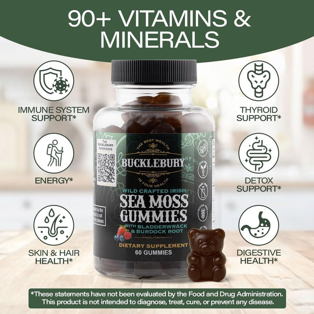 BUCKLEBURY Gominolas de Sea Moss Irlandés con Bladderwrack y Burdock Root - Complemento Alimenticio Vegano - 60 Gominolas