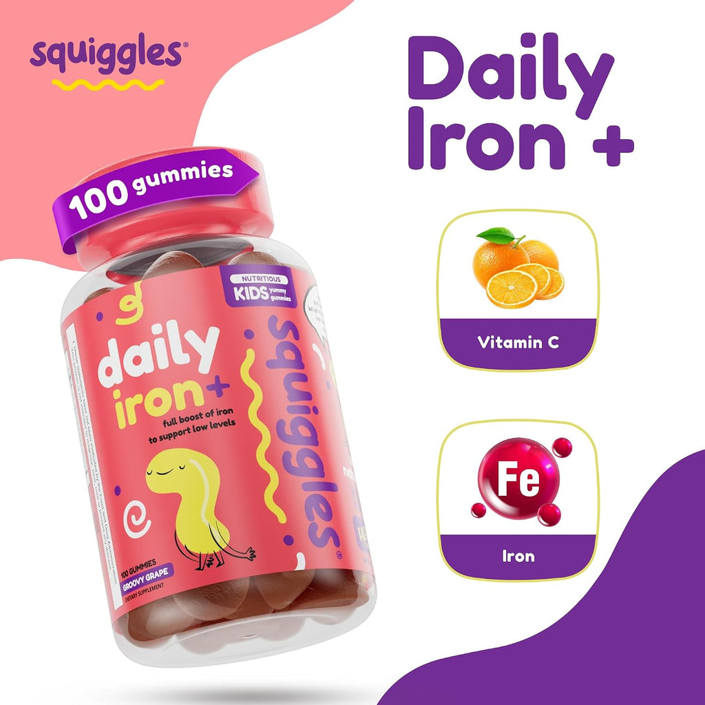 Squiggles Kids Daily Iron+ Gummies - Gomitas masticables con hierro y multivitaminas para niños, bajo en azúcar, veganas, sabor a uva (100 unidades)