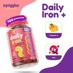 Squiggles Kids Daily Iron+ Gummies - Gomitas masticables con hierro y multivitaminas para niños, bajo en azúcar, veganas, sabor a uva (100 unidades)