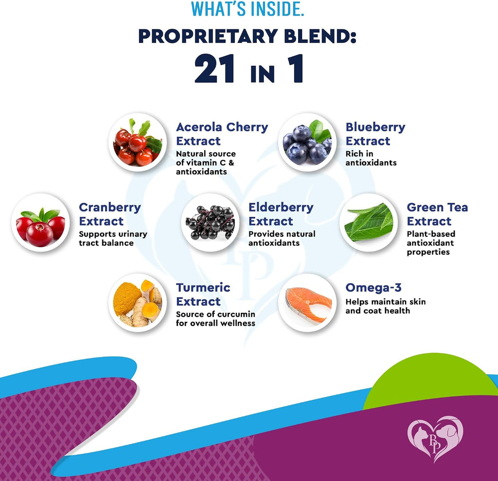 Multivitamínico Líquido 21 en 1 para Perros y Gatos con Glucosamina y Arándano Rojo – Apoyo para Tracto Urinario, Articulaciones, Piel y Pelaje (60 ml)