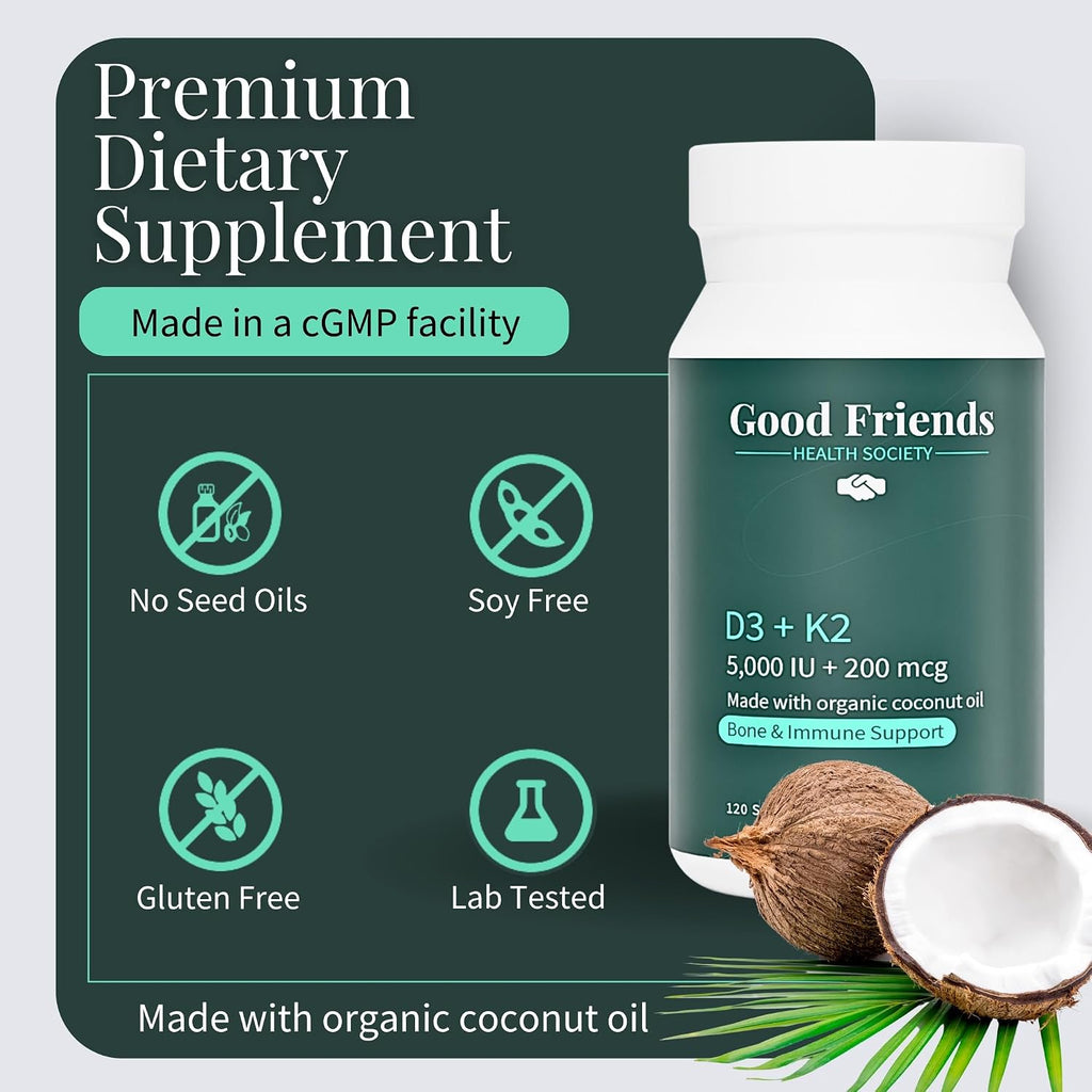 Good Friends Health - Vitamina D3 5000 UI + Vitamina K2 200 mcg - 120 Cápsulas Blandas Vegetales