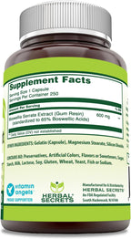 Herbal Secrets Extracto de Boswellia Serrata (65% Ácidos Boswélicos) 600 mg, 250 Cápsulas
