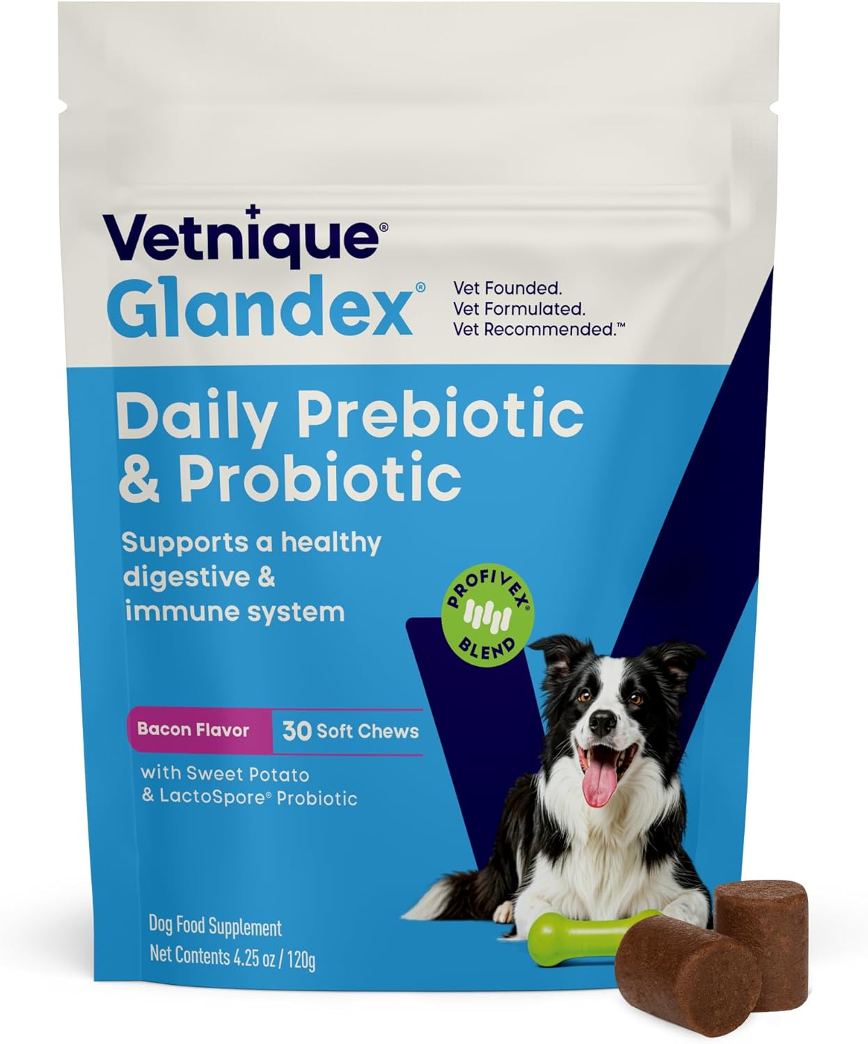 Vetnique Glandex Probióticos Masticables para Perros - 5 Cepas, Prebióticos y Enzimas Digestivas - Salud Intestinal e Inmunológica - 30 Masticables