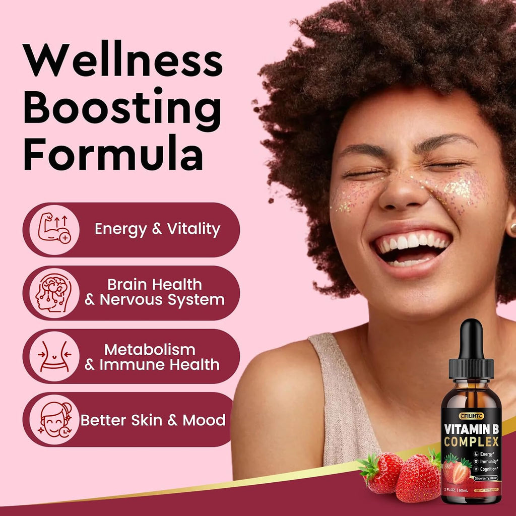CFILIHTC Complejo B Líquido, Gotas de Vitaminas B con B1, B2, B3, B5, B6, B7, B9 y Metil B12 - Sabor Fresa, Vegano