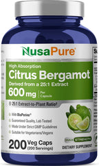 NusaPure Cápsulas de Bergamota Cítrica 600 mg, 200 Cápsulas Veganas (No-GMO, Vegano)