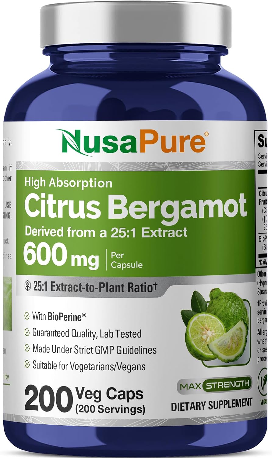 NusaPure Cápsulas de Bergamota Cítrica 600 mg, 200 Cápsulas Veganas (No-GMO, Vegano)