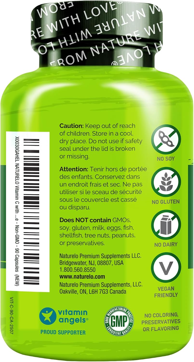 NATURELO Vitamin C with Organic Acerola Extract and Citrus Bioflavonoids - Vegan Supplement - 500 mg per Capsule - 90 Capsules