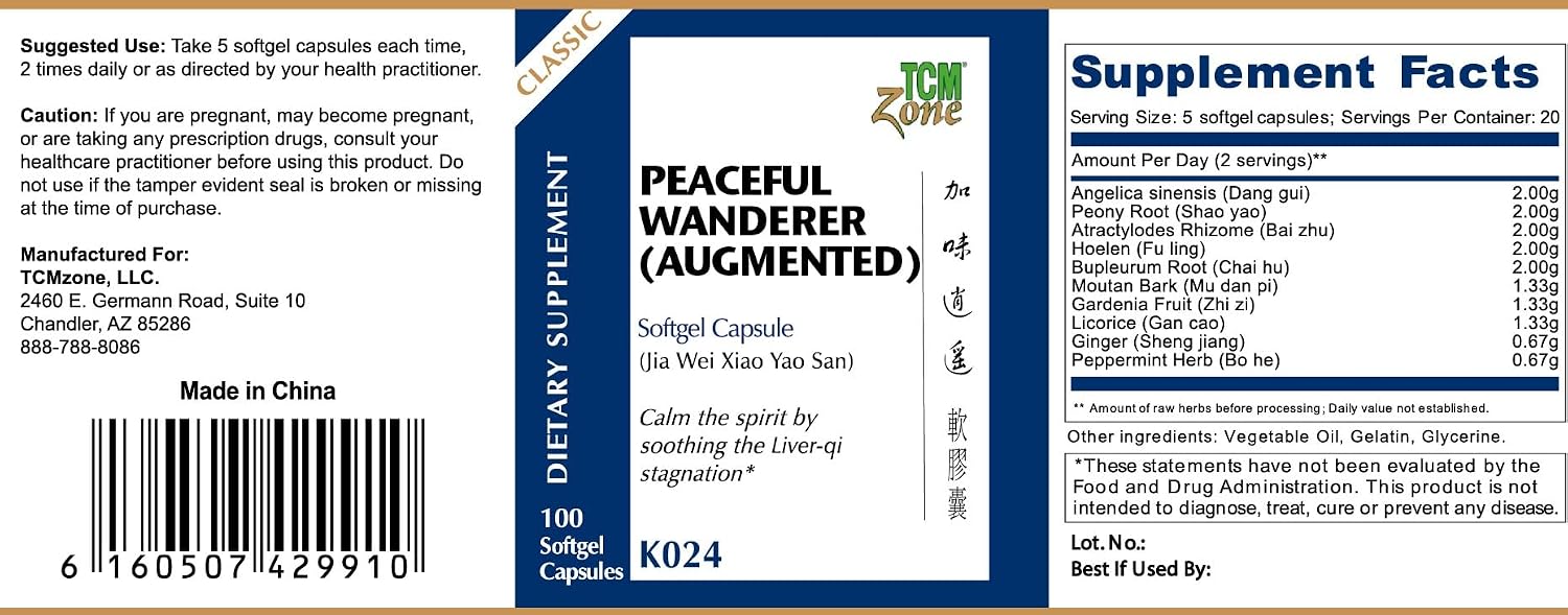 TCM ZONE® Peaceful Wanderer (Augmented) Formula (Jia Wei Xiao Yao San) - 100 Cápsulas Blandas