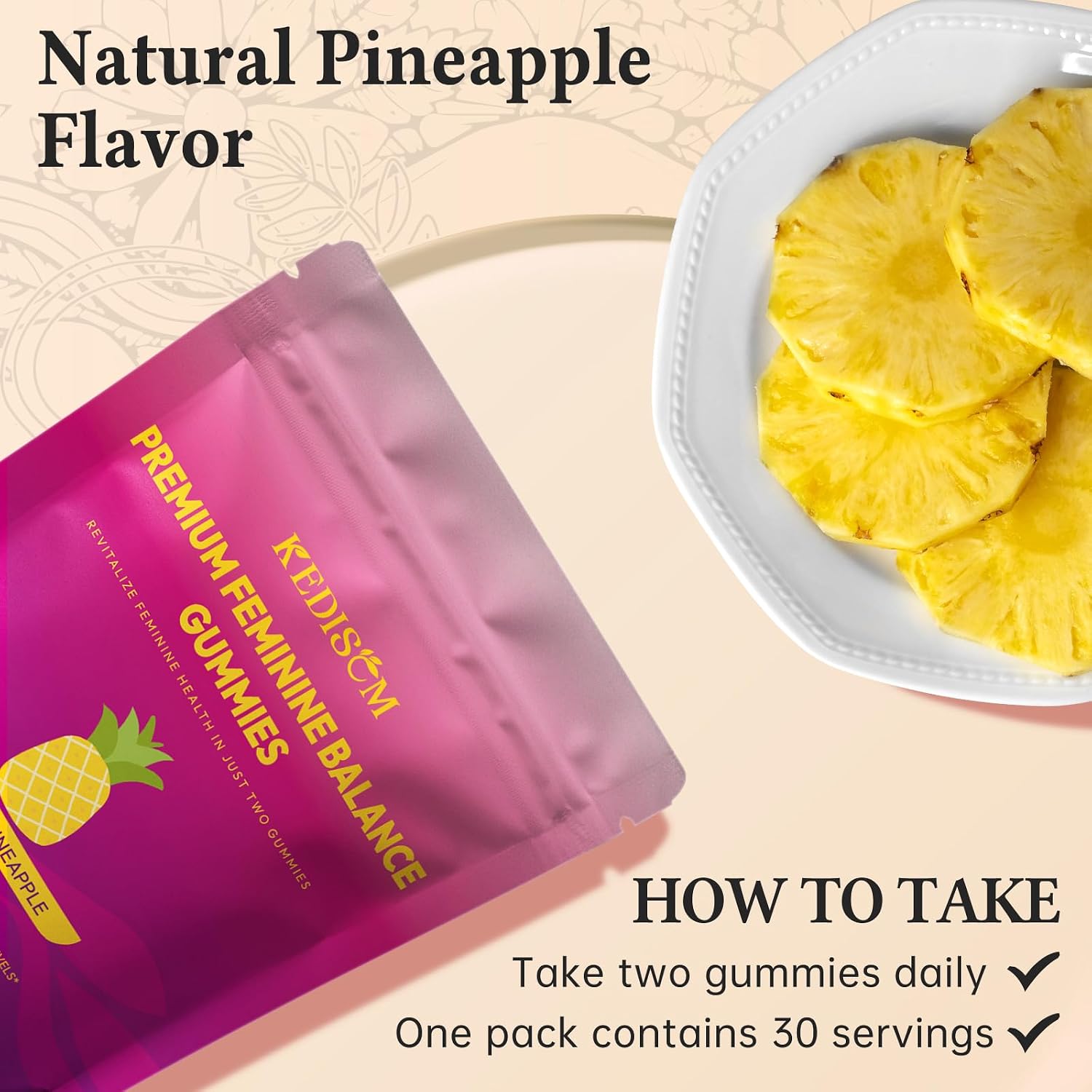 Premium Feminine Balance Gummies - Gominolas para el Bienestar Femenino con Probióticos - Sabor Piña Hawaiana - 60 Gominolas - 30 Dosis