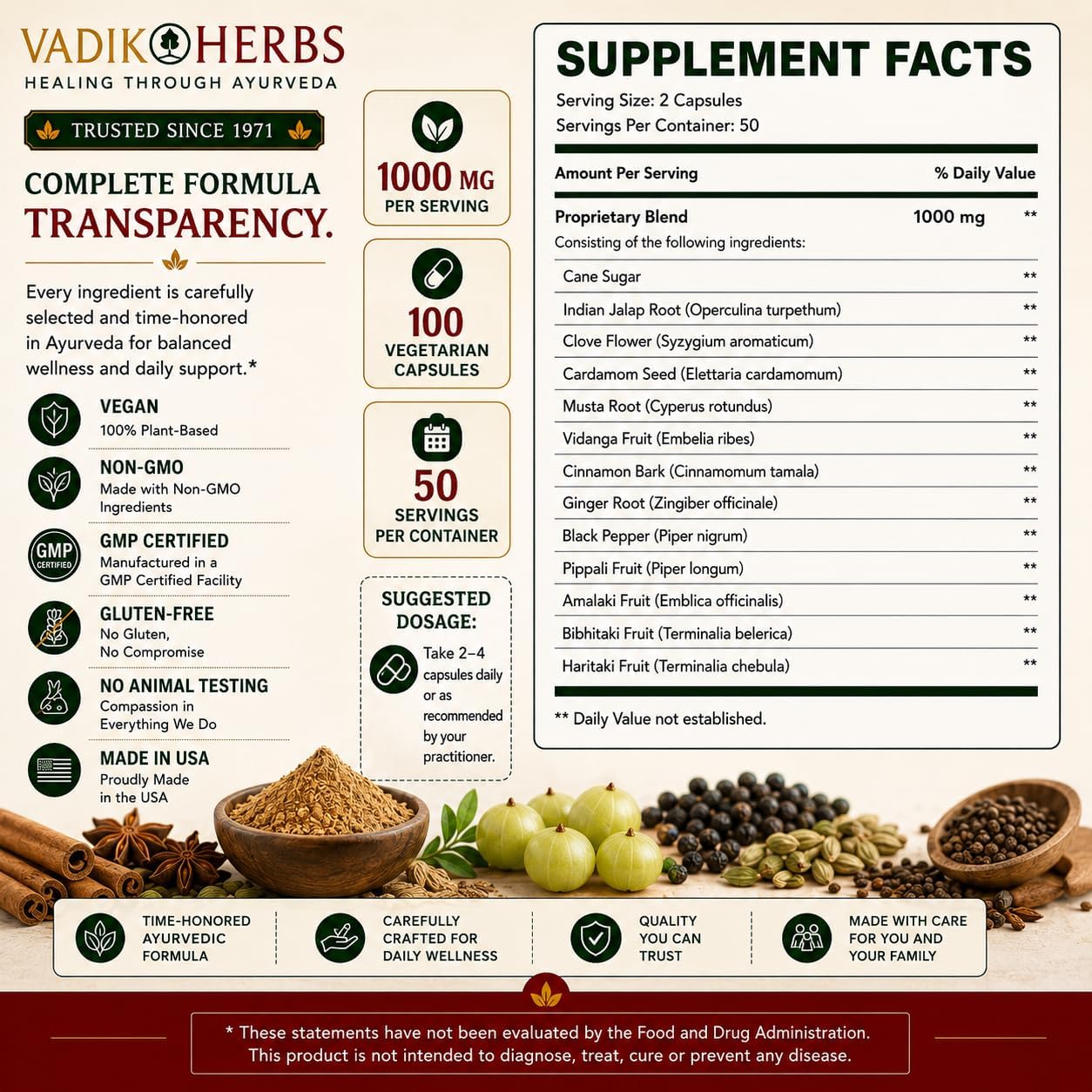Vadik Herbs Avipattikar Churna, Amla Capsules con Pippali & Ginger - 100 Cápsulas