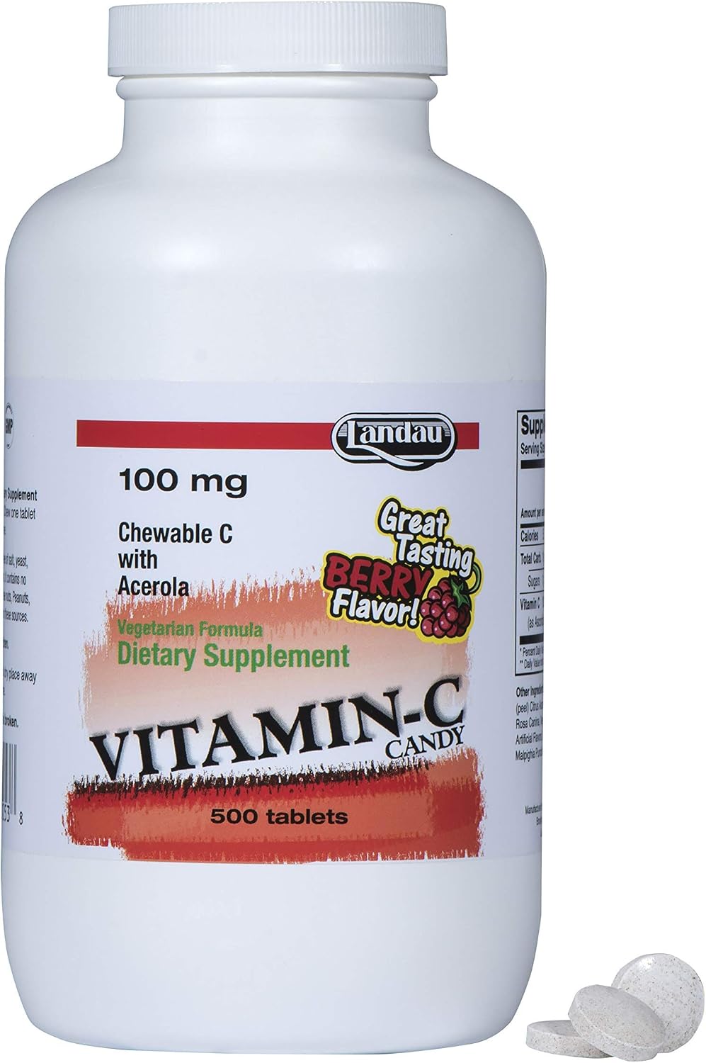 LANDAU Chewable Vitamin C 100 mg with Acerola - 500 Tablets Berry Flavor