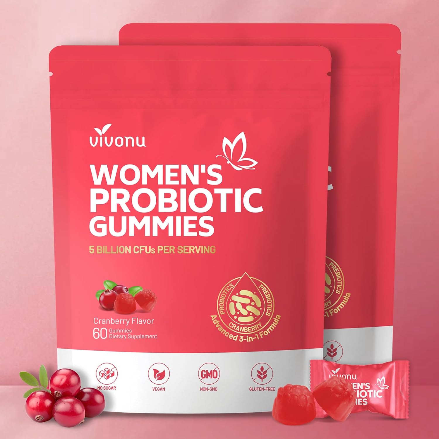 VivoNu Probióticos Femeninos en Gominolas - Equilibrio Vaginal y Digestivo - 60 Gominolas de Arándano Rojo