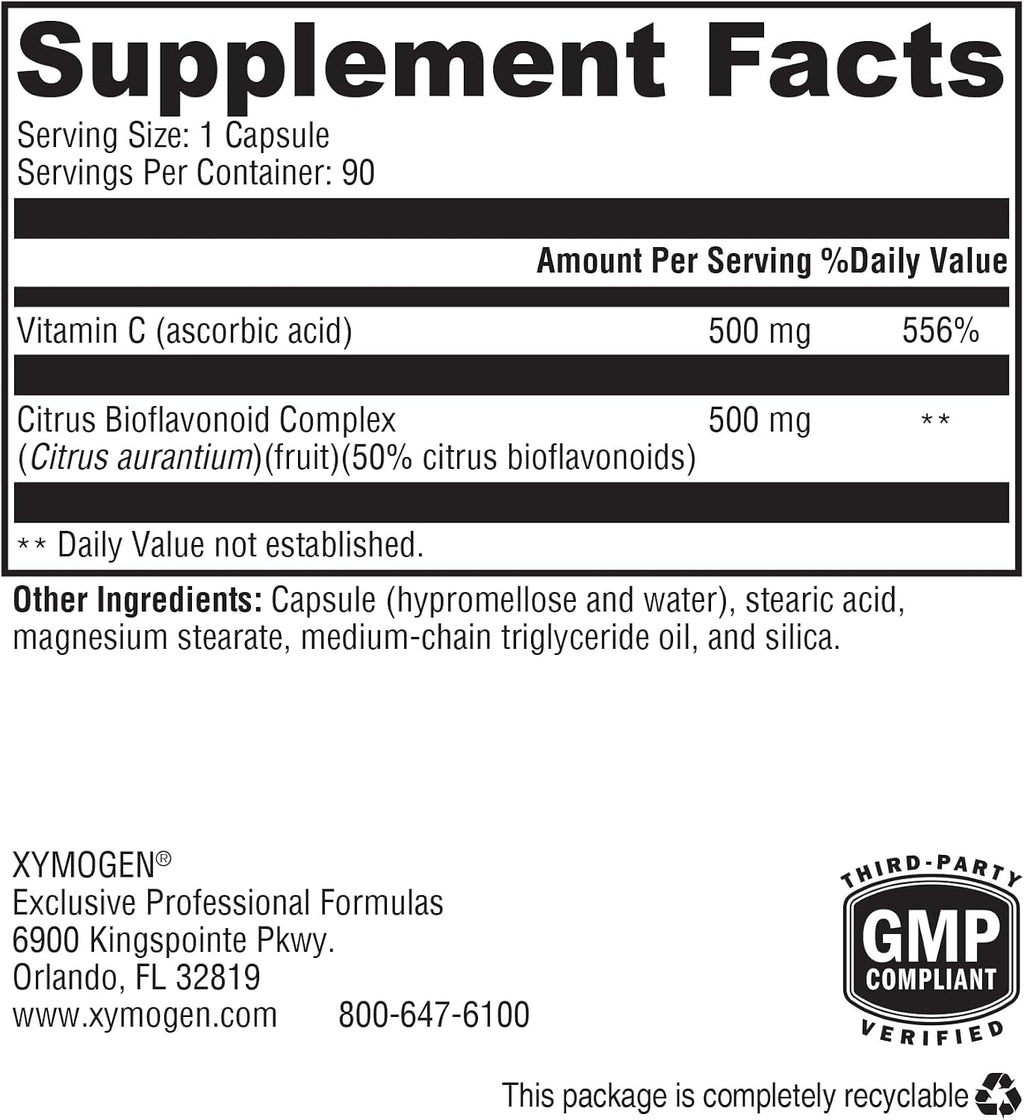 XYMOGEN Bio C 1:1 - Vitamina C con Bioflavonoides Cítricos, 500 mg, 90 Cápsulas