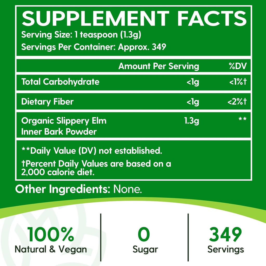 Slippery Elm en Polvo: Corteza Interior Superior 100% Pura, Vegana y sin OGM (1 lb / 349 porciones)