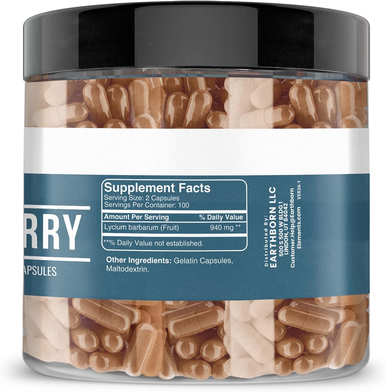 Earthborn Elements Goji Berry 200 Cápsulas, Puro y Sin Diluir, Sin Aditivos