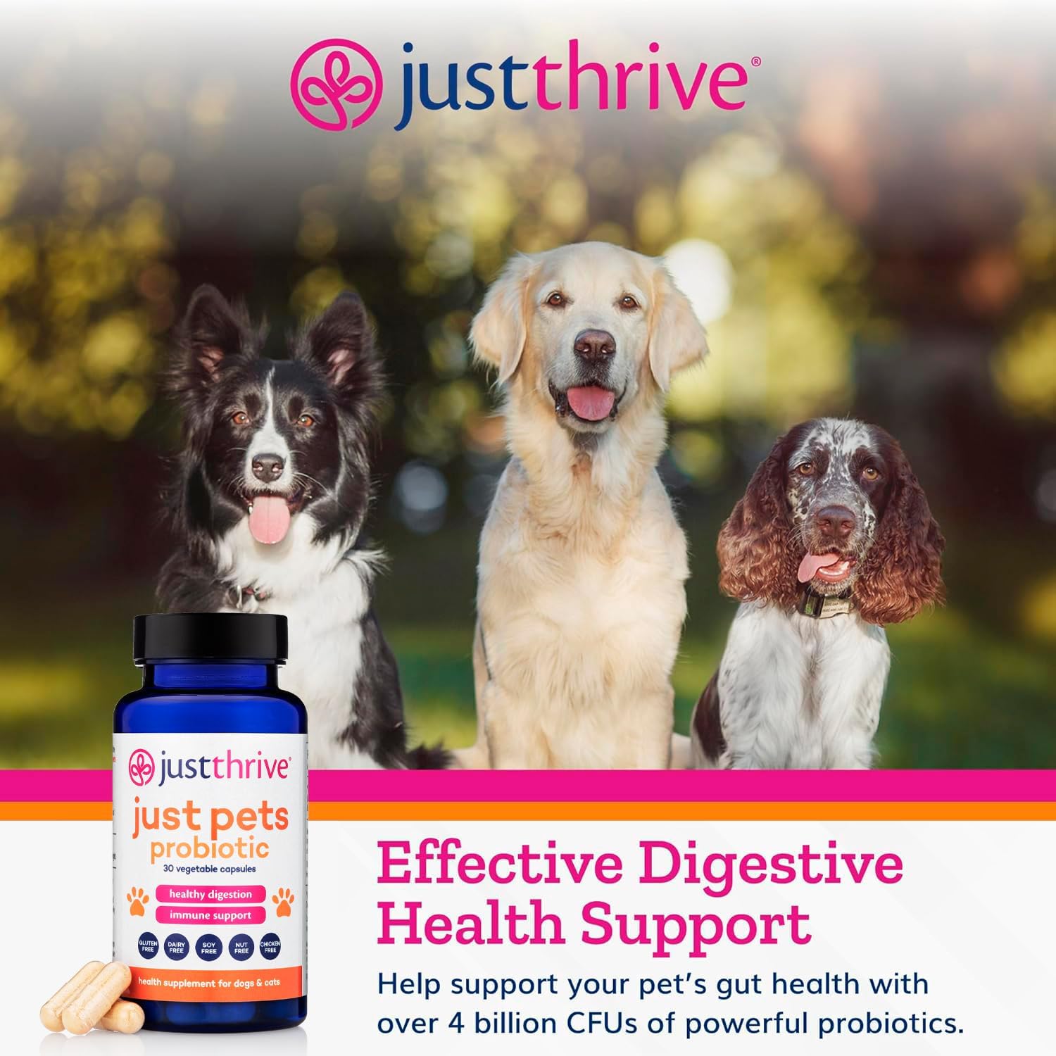 Just Thrive Just Pets Probiótico para Perros y Gatos - 4 Mil Millones de UFC - 30 Cápsulas