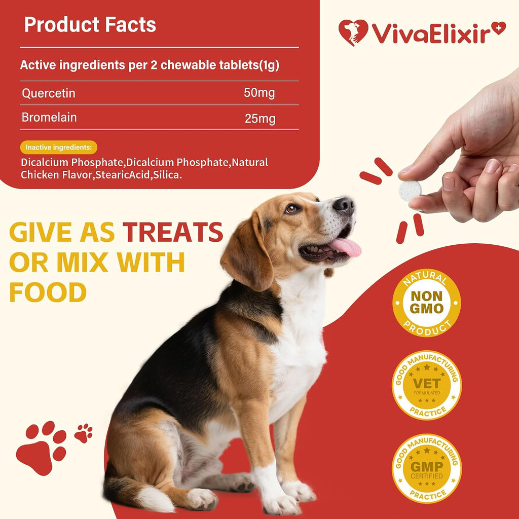 Tabletas de Quercetina y Bromelina para Perros — para Alergias Cutáneas, Dermatitis Atópica, Infecciones de Oído e Inflamación Articular — Apoyo Inmunológico y Antiinflamatorio — Formulado por Veterinarios