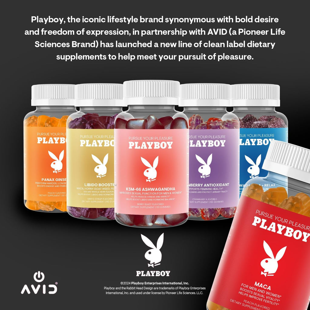 Playboy - Gominolas de Maca para Hombres y Mujeres (60 unidades - Sabor Melocotón) - Extracto 4:1 de Maca Peruana - 100% Natural, Vegano, Sin OGM