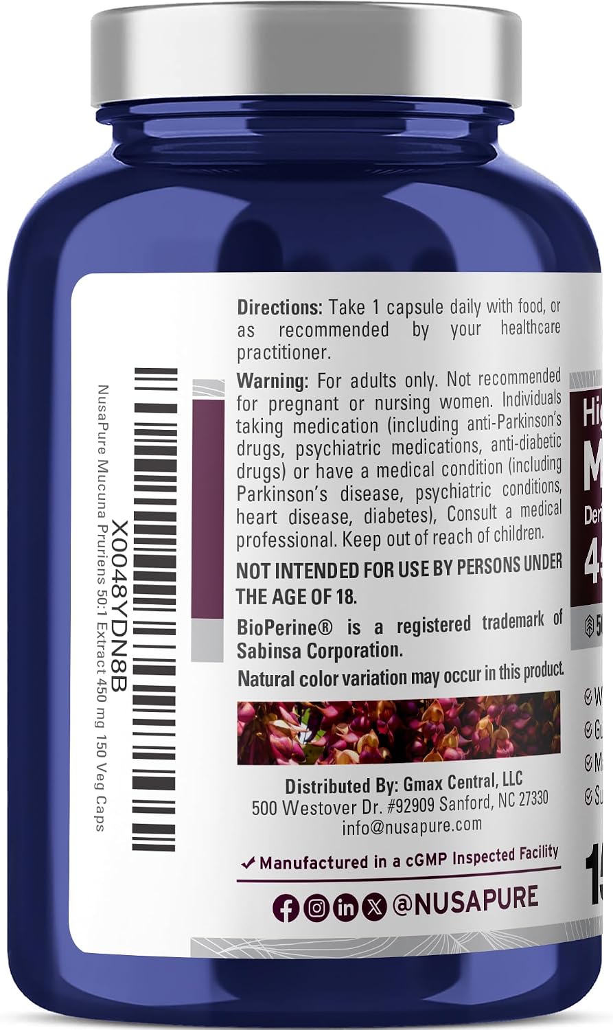 NusaPure Mucuna Pruriens Cápsulas, 450 mg, 150 Cápsulas Vegetales (Sin Gluten, No OGM)