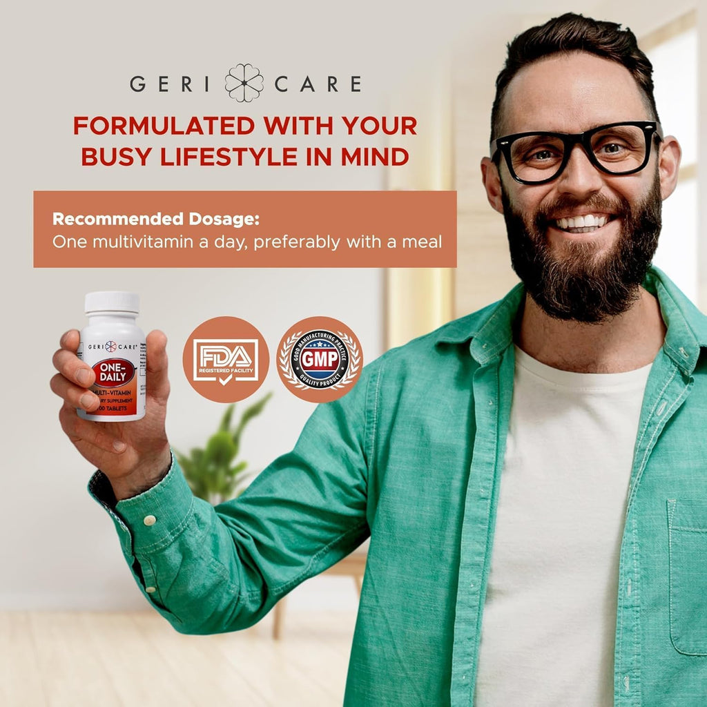 GeriCare One-Daily Multi-Vitamina Tableta, 100 unidades Suplemento multivitamínico para adultos | Suplemento dietético fácil de tomar con vitaminas A, C, D3, B, calcio | Complejo de vitaminas y minerales (paquete de 2)