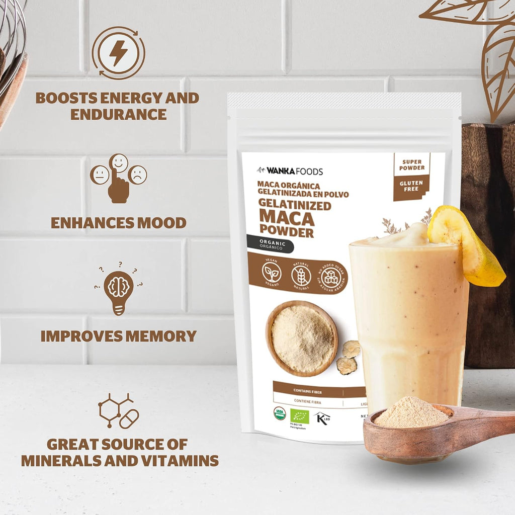 WANKA FOODS Maca Orgánica Gelatinizada en Polvo – 227g (8oz)