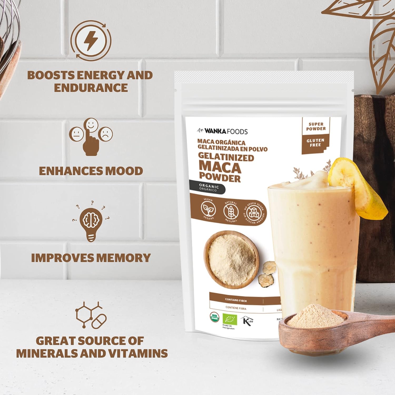WANKA FOODS Maca Orgánica Gelatinizada en Polvo – 227g (8oz)