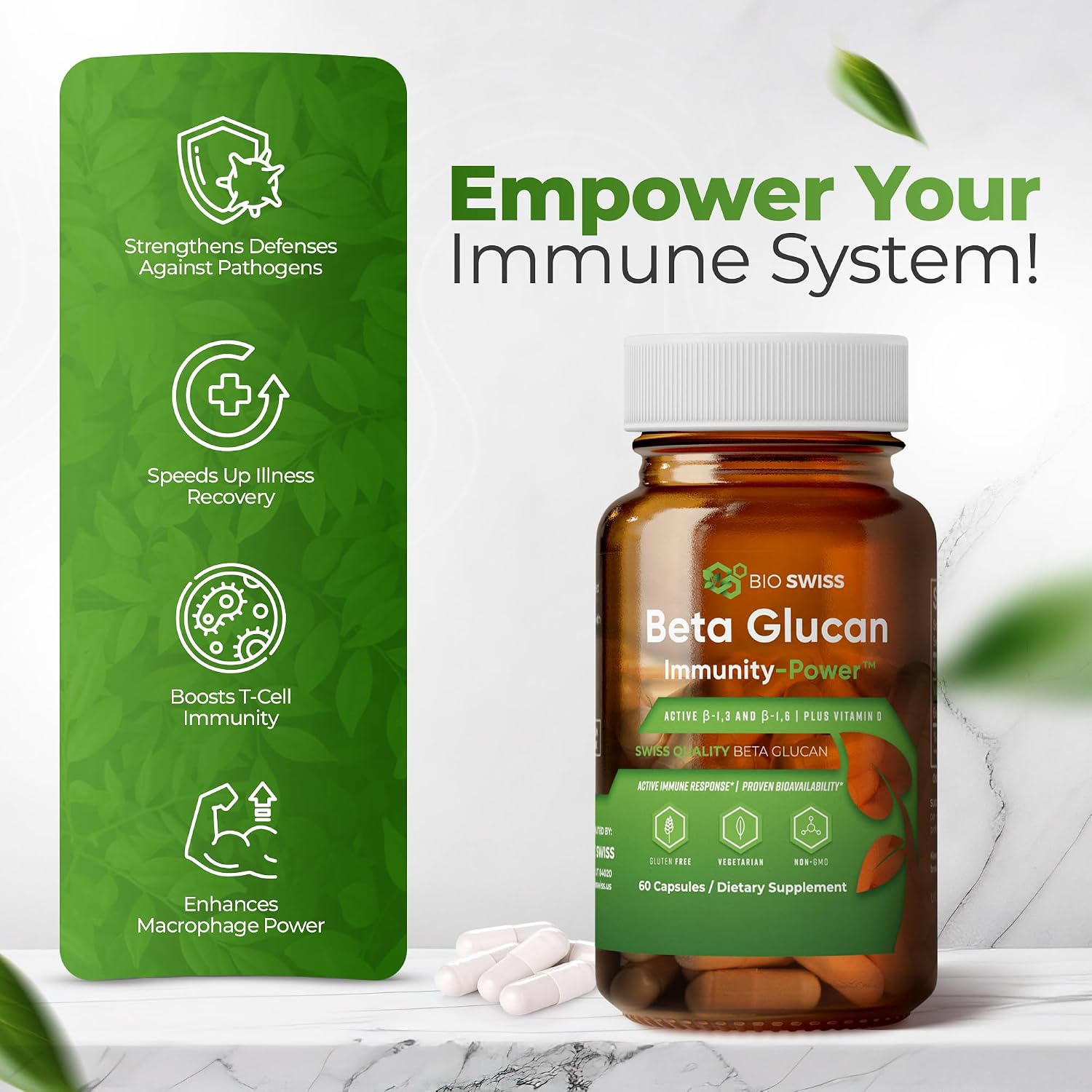 Bio Swiss Beta Glucan Immunity Power - Glucano 1,3D-1,6D con Vitamina D - 60 Cápsulas