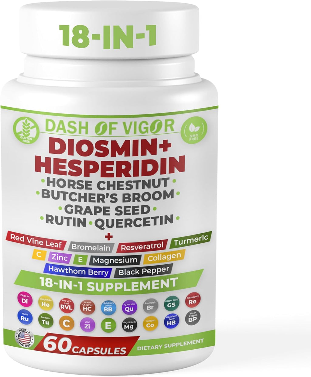 Dash of Vigor 18-en-1 Suplemento de Diosmina y Hesperidina con Quercetina, Bromelina, Zinc, Vitamina C, Rutina, Castaño de Indias y Escoba de Carnicero, 60 Cápsulas