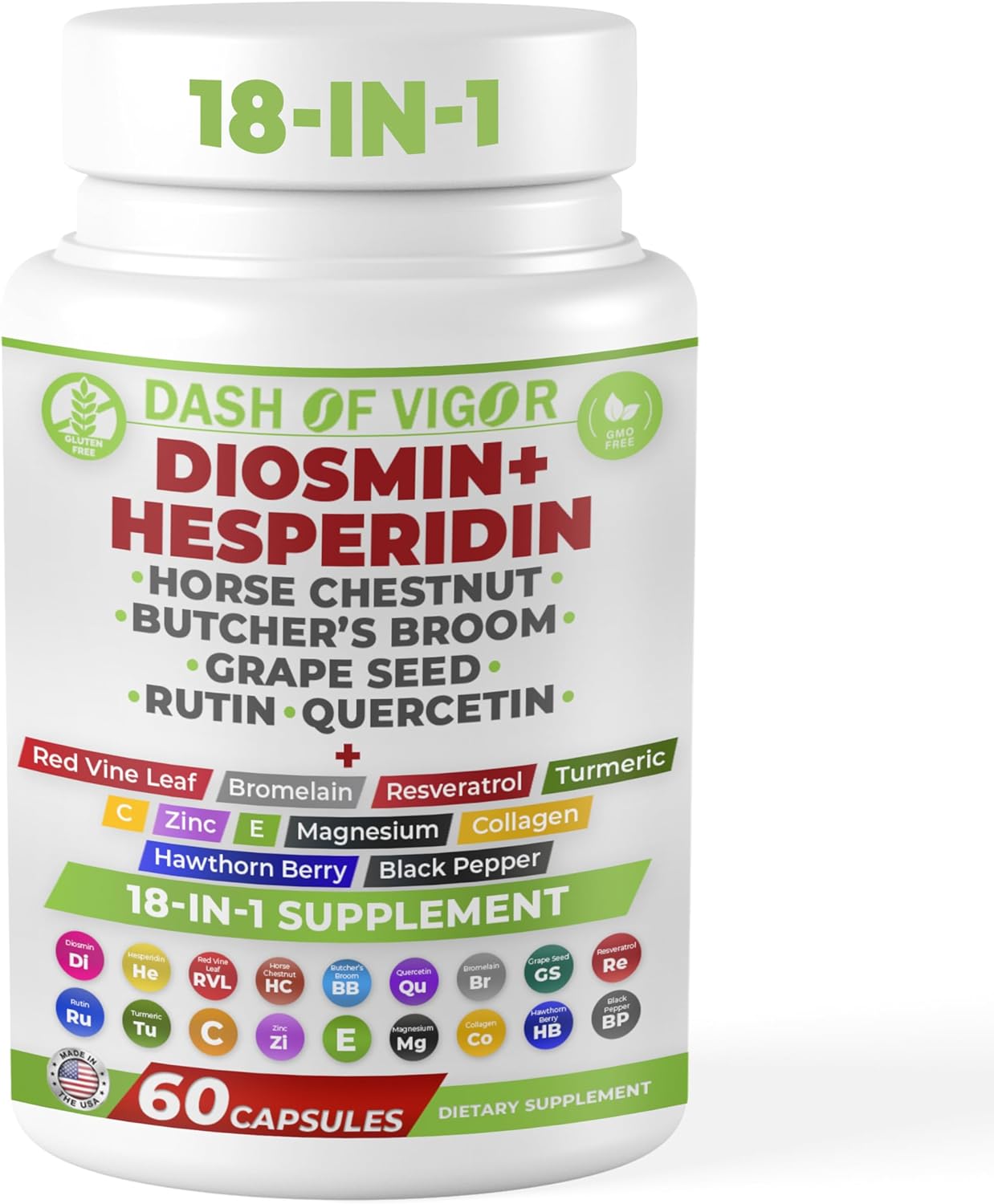 Dash of Vigor 18-en-1 Suplemento de Diosmina y Hesperidina con Quercetina, Bromelina, Zinc, Vitamina C, Rutina, Castaño de Indias y Escoba de Carnicero, 60 Cápsulas