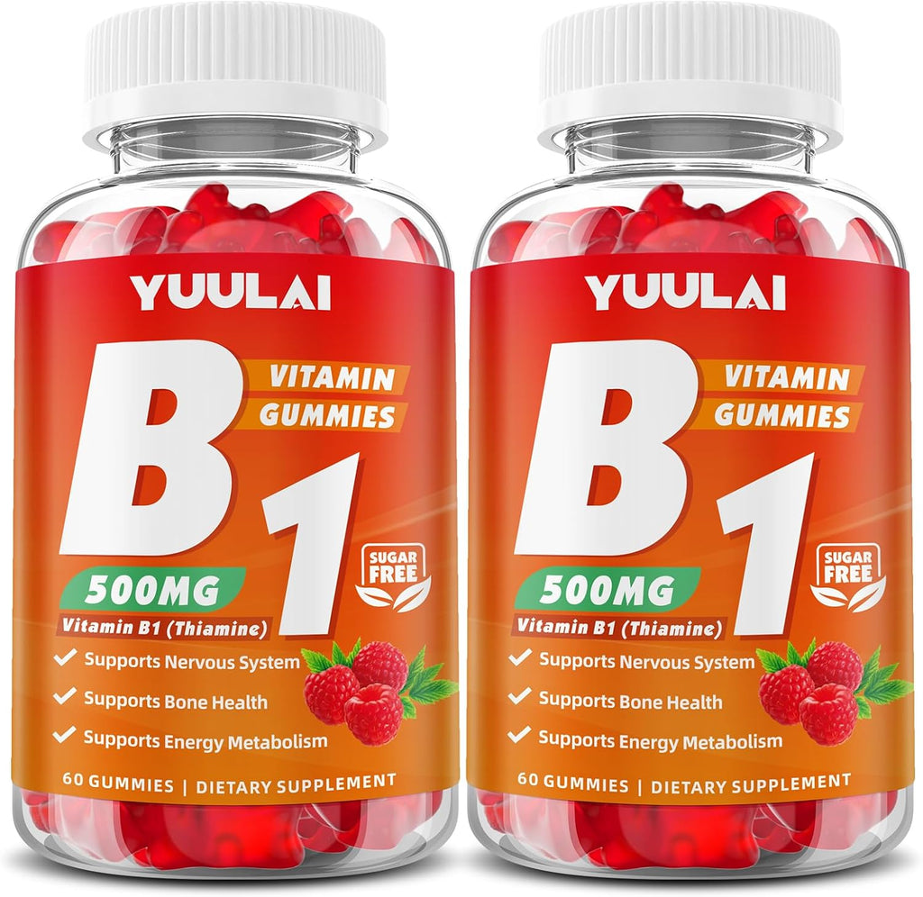 Gominolas de Vitamina B1 500mg con Magnesio, Suplemento de Tiamina para Adultos y Niños, Sabor Frambuesa, Pack de 2 (120 unidades)