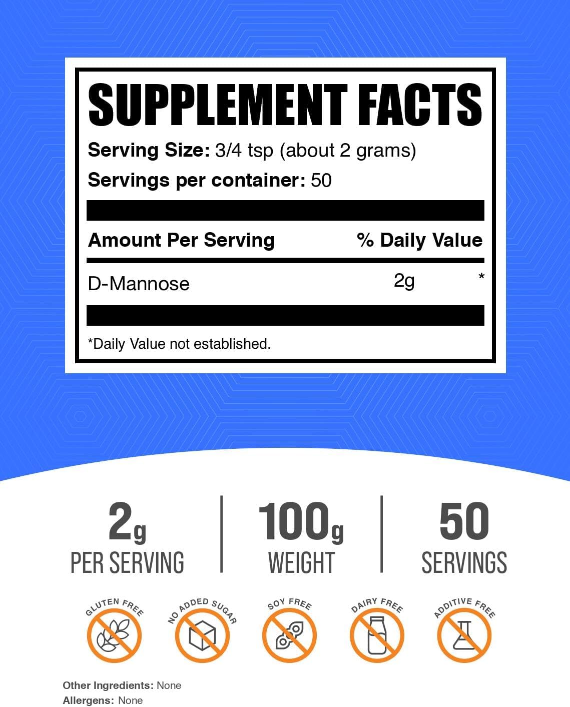BulkSupplements.com D-Mannose en Polvo - Suplemento de D-Manosa para la Salud del Tracto Urinario - Sin Sabor y Sin Gluten, 2g por Ración, 100g