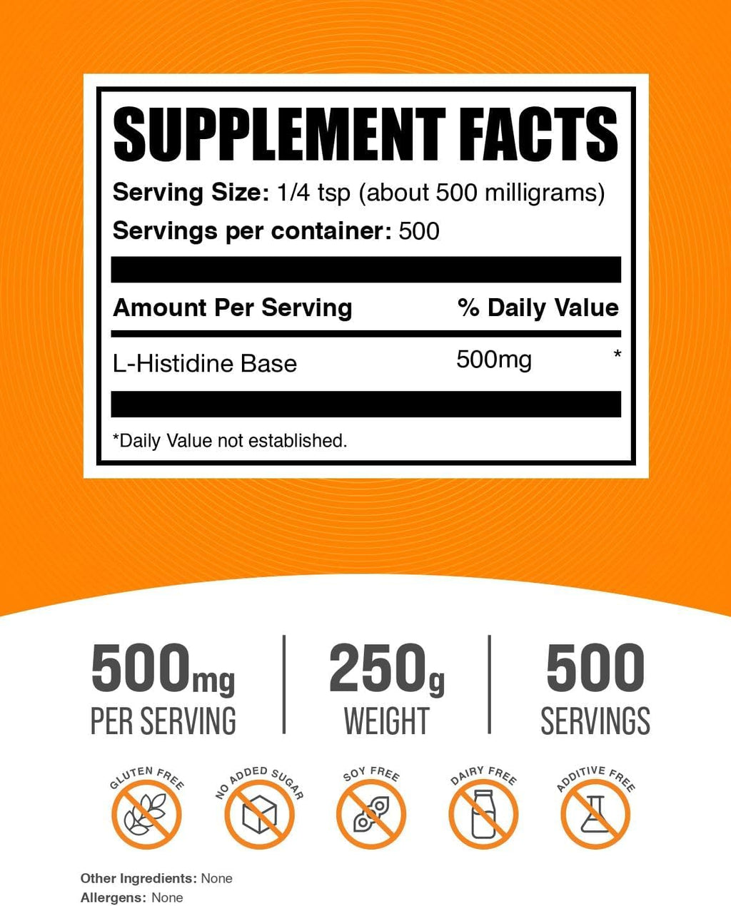 BulkSupplements.com L-Histidina en Polvo - Base de L-Histidina, 500 mg por Ración, 250 g