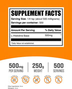 BulkSupplements.com L-Histidina en Polvo - Base de L-Histidina, 500 mg por Ración, 250 g