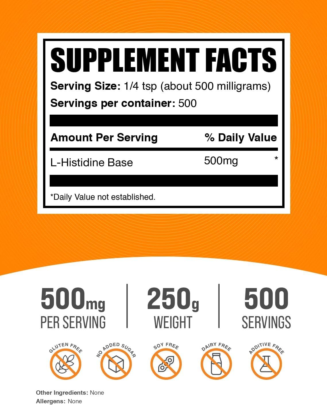BulkSupplements.com L-Histidina en Polvo - Base de L-Histidina, 500 mg por Ración, 250 g